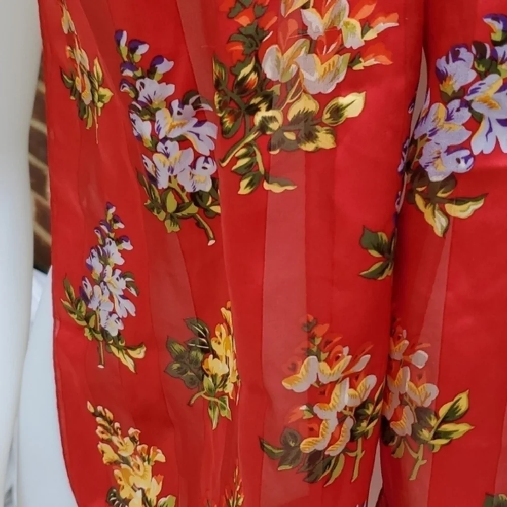 Echo 100% Silk Red Floral Sheer Scarf Vintage Style